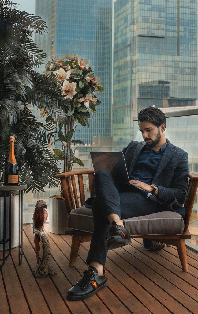 a businessman sitting beside side table