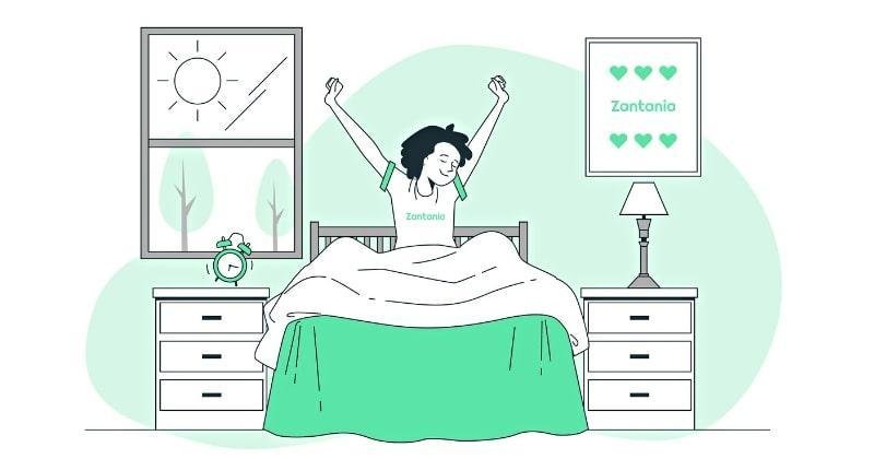 A boy is waking up in early morning on bed, cartoon image