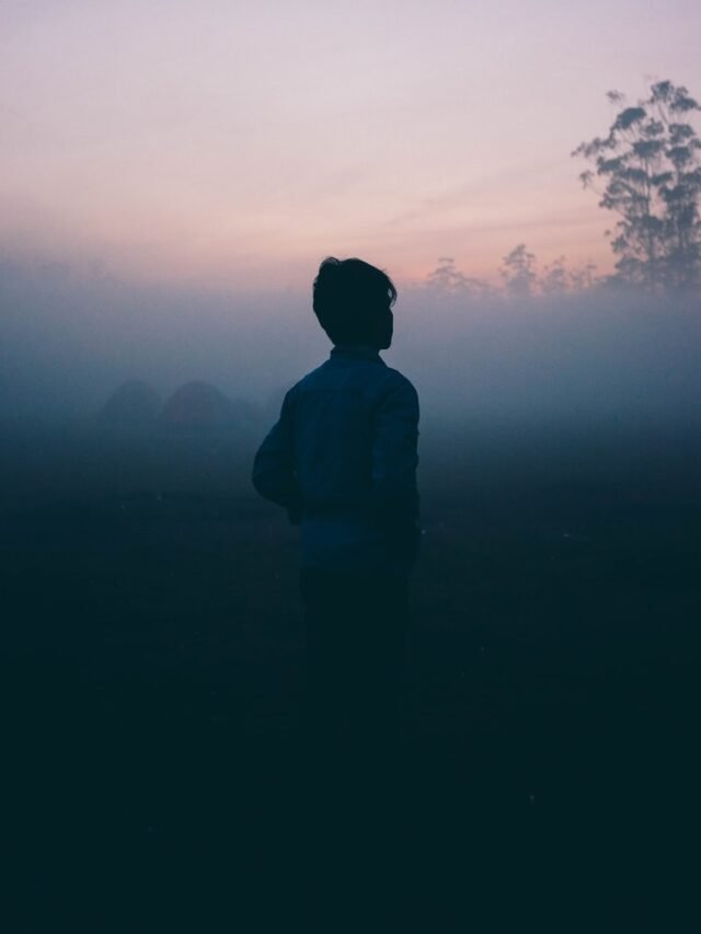 a man walks alone in the haze
