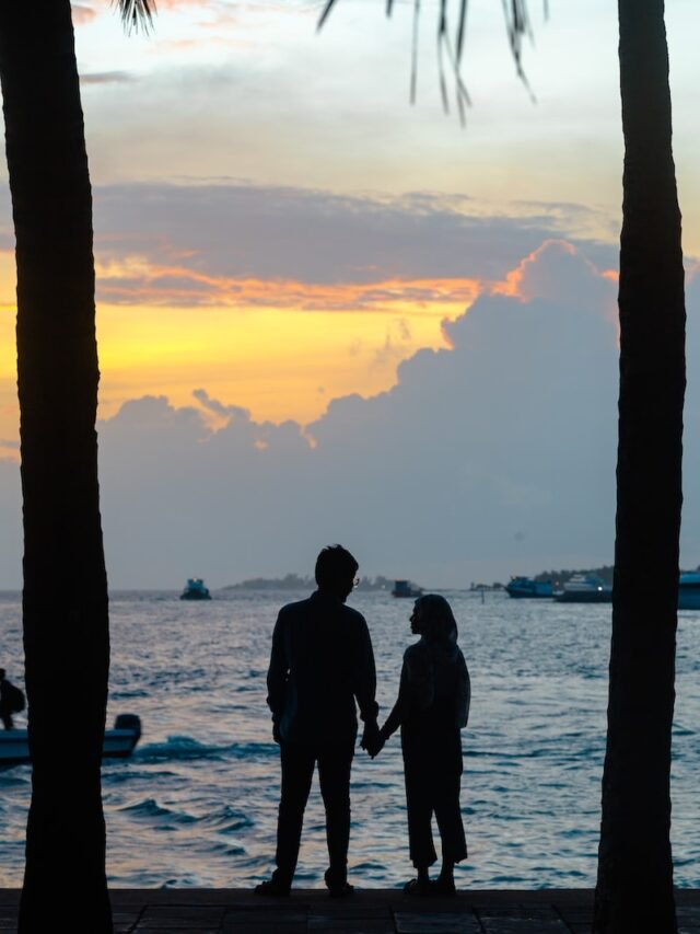 silhouette of 2 men standing on seashore during sunset